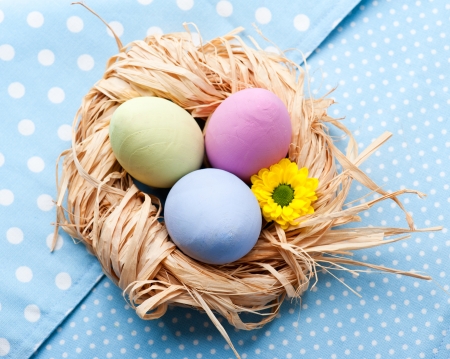 Colorful Easter Eggs in the Nest on blue napkinの写真素材