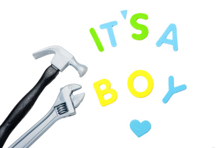 Toy tools and announcement It`s a boyの写真素材