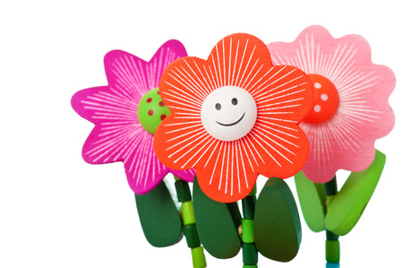 Three floppy Wooden Flower Toys isolated on whiteの写真素材