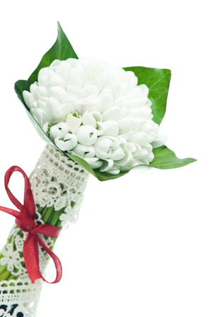 Bouquet of Fresh snowdrops with lace and red ribbon isolated on whiteの写真素材
