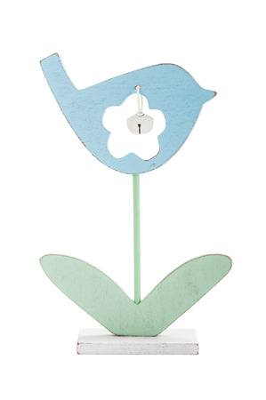 Blue Wooden Toy Bird with bell, Easter decoration. Isolated on white.の写真素材