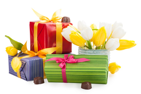 Chocolates, gifts and tulips. Valentine's, Easter, Birthday, Mother's Day still lifeの写真素材