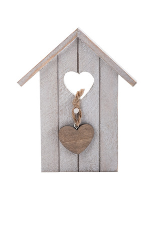 Wooden Toy Bird House Easter decoration. Isolated on white.の写真素材