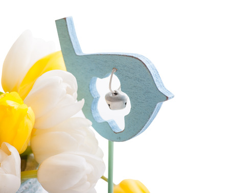 Blue Wooden Toy Bird with bell, Easter decoration.の写真素材