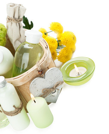 SPA still life, bath products, lit candles, greenの写真素材