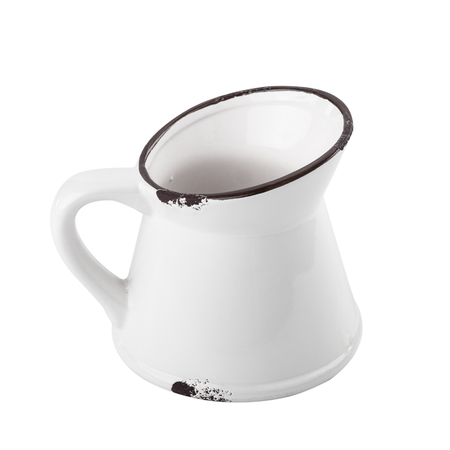 Off-white enamel flower pot with handle isolated on white background.の写真素材