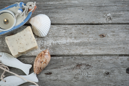 Nautical SPA Background. Organic soap and spa treatments on old wooden backgroundの写真素材