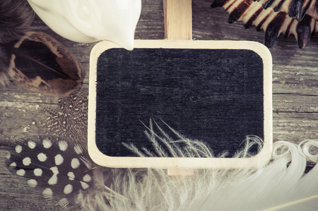 Easter background with feathers and chalkboard, top view, place for textの写真素材