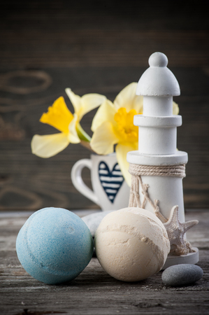 Nautical SPA Background. Blue bath bomb and spa decoation on old wooden backgroundの写真素材
