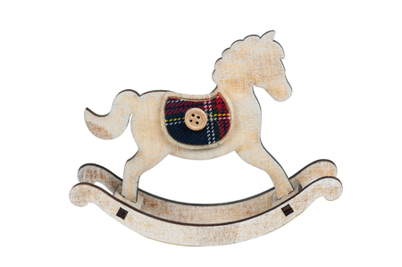 Old wooden toy rocking horse chair for children isolated on white backgroundの写真素材