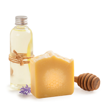 Spa set of natural homemade honey soap and oilの写真素材