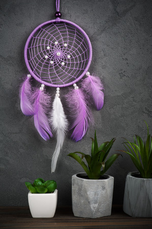 Purple dream catcher on concrete background with succulents. Zen decor still lifeの写真素材