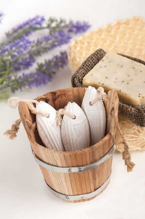 Spa concept. Lavender flowers, handmade soap, sponge and accessories for body careの写真素材