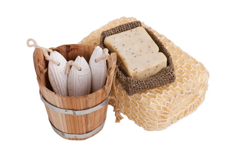 Products for spa, handmade soap and sponge isolated on white backgroundの写真素材