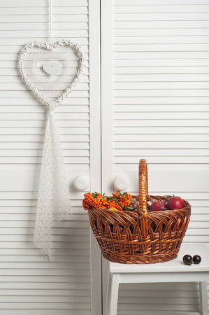 White dream catcher with autumn basket in bedroom interior. Wedding compositionの写真素材