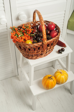Thanksgiving set of fruits and vegetables in basket. White interior with pumpkinsの写真素材