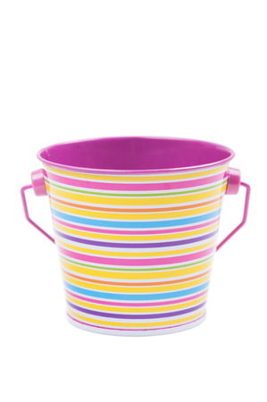 Colorful striped pink yellow blue purple bucket isolated on whiteの写真素材