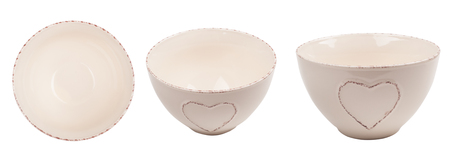Beige ceramic bowl with heart isolated on white background. View from side and from topの写真素材