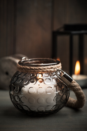 Still life with candles in lanterns and Christmas decoration, Xmas Holiday conceptの写真素材
