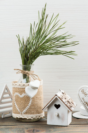 Christmas wooden vintage toys. Modern lifestyle composition in scandinavian styleの写真素材