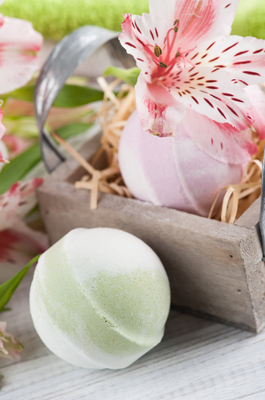 SPA set with lilly, towels and bath bombsの写真素材