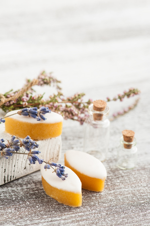 Homemade calisson sweets on wooden tableの写真素材