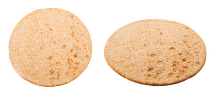 Pre-made pizza base isolated on white background, top and side viewの写真素材
