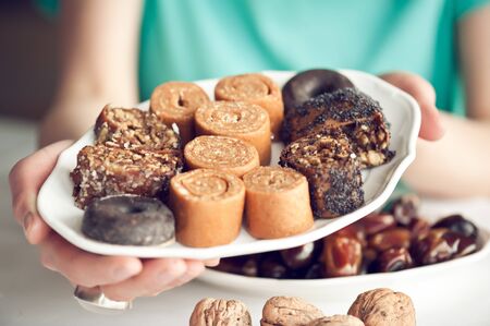 Raw sweets from seeds, nuts and dates for vegansの写真素材