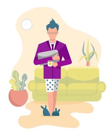 Vector illustration of Young professional in purple suit, tie and funny underpants in blue hearts. Ready for work for home online and conference callのイラスト素材