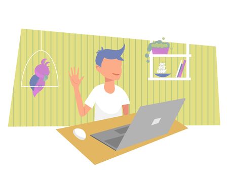 Vector Illustration of boy saying Hello in educational class. Notebook user communicating during online lesson. quarantine homeschoolingのイラスト素材