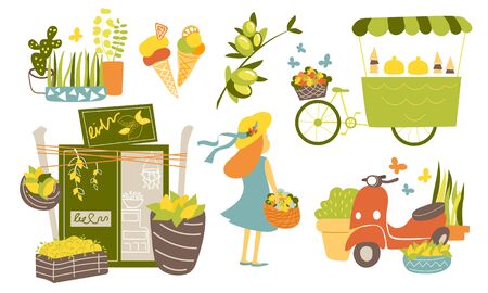 Summer collection with lemon shop, ice cream cart, girl, plants and scooter vector illustration. Italian set of images in flat cartoon styleのイラスト素材