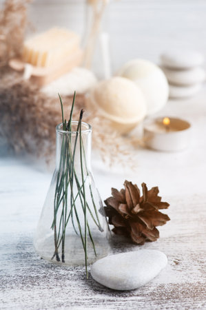 Christmas SPA composition with  bath bombs and pine tree branches and lit candle. Beauty wellness, body care cosmetic treatment. Greeting card for Mothers day, Christmas or weddingの写真素材