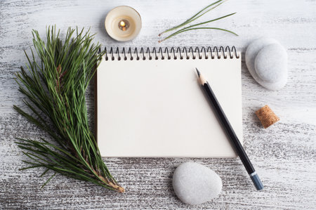 Empty open notebook, pine tree and dry flowers on rustic background. Greeting card with copy space for your textの写真素材