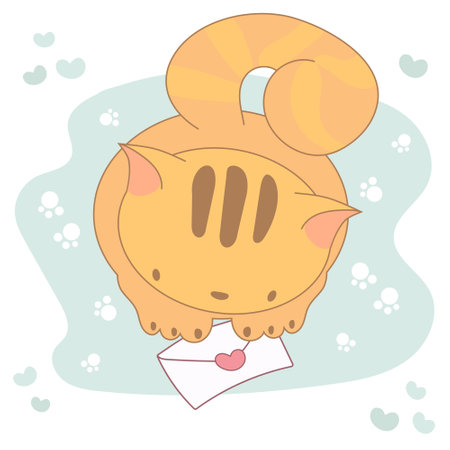 Valentine's Day Love card vector illustration. Cute cat playing with greeting envelope in cartoon style. Mother day or birthday conceptのイラスト素材