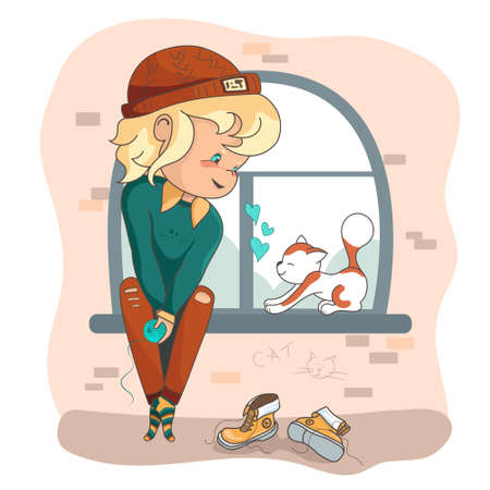 Cute little boy, young kid holding ball playing with cat. Hand drawn character design. Vector illustration of greeting card for Valentines dayのイラスト素材