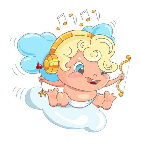 Laughing funny baby Cupid with arrow and bow in headphones. Vector Illustration for Valentine's Day. Hand drawing in cartoon style. Isolated on white background.のイラスト素材