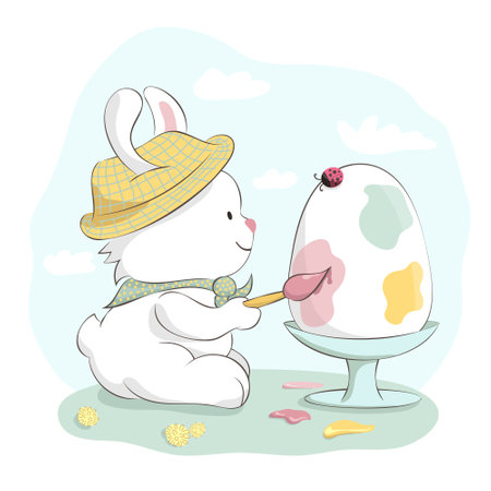 Cute bunny in hat painting Easter Egg. Cartoon hand drawn vector illustration. Greeting card in pastel tonesのイラスト素材