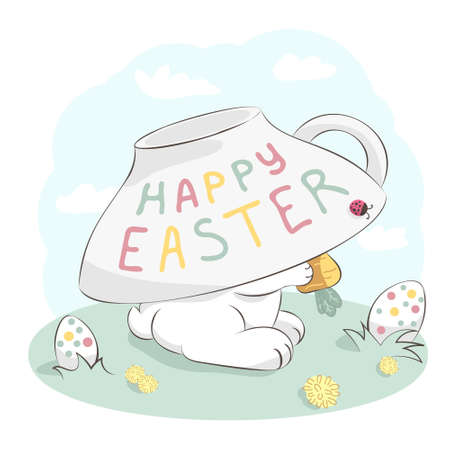 Cute bunny hiding under tea cup holding carrot and Easter Eggs. Cartoon hand drawn vector illustration. Greeting card in pastel tonesのイラスト素材