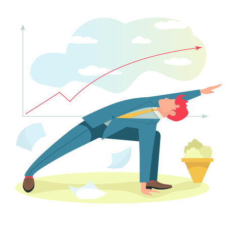 Businessman in suit doing yoga with graph of financial growth on background. Vector flat illustrationのイラスト素材
