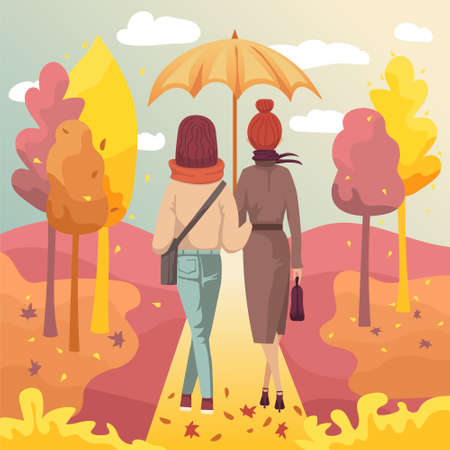 Couple of young women friends walking in autumn park under umbrella. Vector illustration of fall outdoor activity sceneのイラスト素材