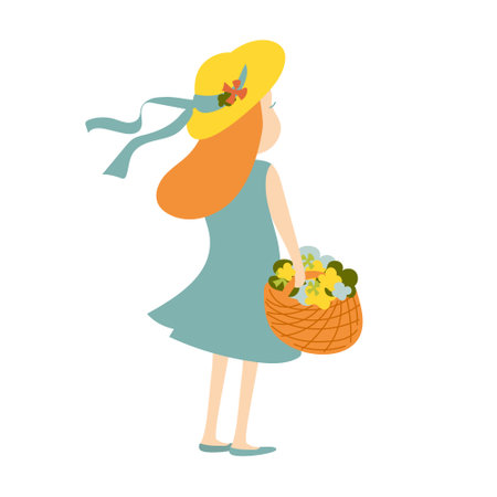Young girl in summer hat and dress standing in the wind with basket of flowers. Holiday vector illustrationのイラスト素材