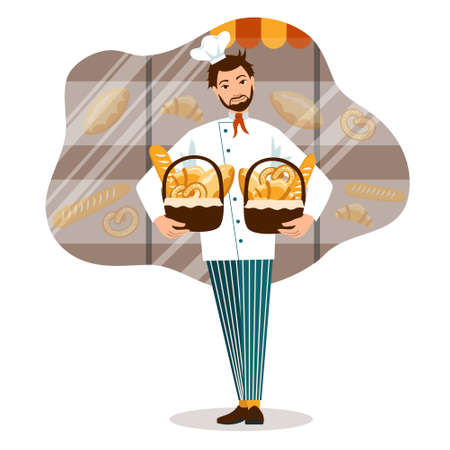 Smiling Baker with bread baskets and bakery shop vector illustration. small business conceptのイラスト素材
