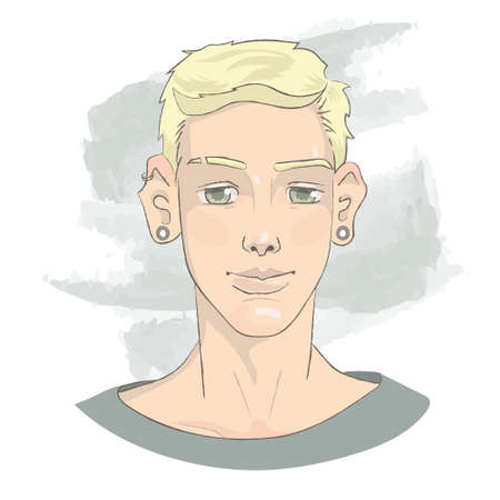 Handsome blond young man with tunnels in ears,  portrait for avatar, cute smiling faceのイラスト素材