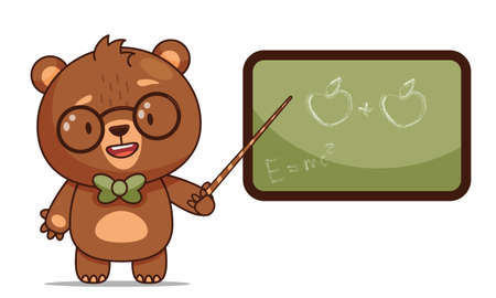 Cute cartoon baby bear in glasses standing and pointing to blackboard. Back to school element for print, postcard and poster. Vector illustrationのイラスト素材