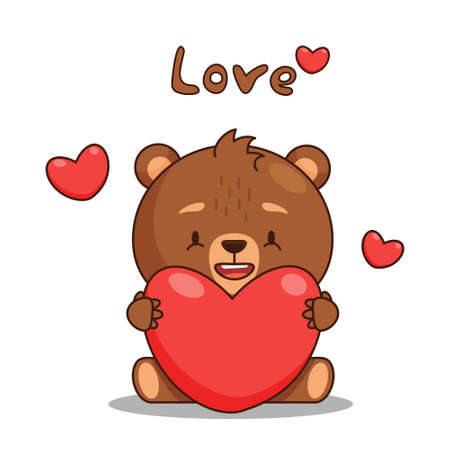 Cute cartoon baby bear with red heart sitting and saying love. Element for print, postcard and poster. Vector illustrationのイラスト素材