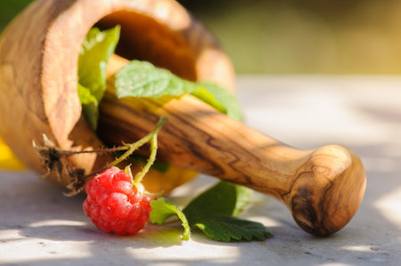 Fresh apothecary organic aromatic herbs and berries in wooden mortar with pestle on marble background. Mint, peppermint, thyme leaf. Sunny lightning with leaves shadowsの写真素材