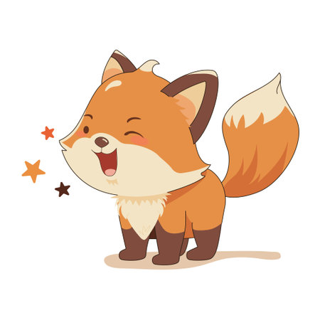 Cute cartoon kawaii baby fox standing and waving. Small orange stars, white background. Element for print, postcard and poster. Vector illustrationのイラスト素材