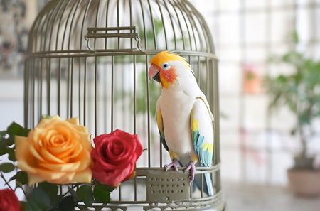 Colorful parrot bird sitting outside antique cage with flowers. Generative ai imageの素材