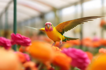Colorful budgie bird flying in greenhouse with yellow flowers. Generative ai imageの素材