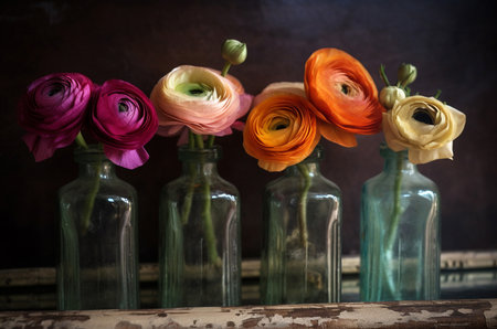Colorful ranunculus in antique dusty bottles on old wooden weathered background. Generative ai imageの素材